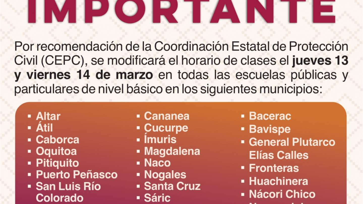 Anuncia SEC Sonora modificación de horario de clases por bajas temperaturas