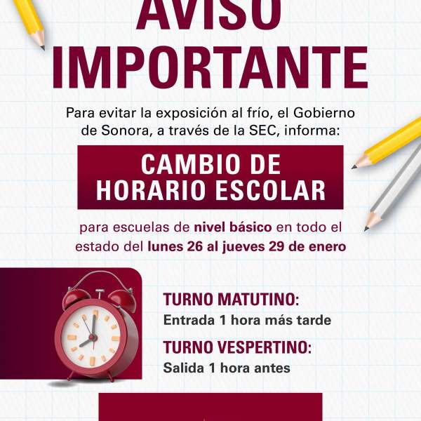Anuncia Gobierno de Sonora modificación del horario de clases en escuelas de nivel básico: SEC
